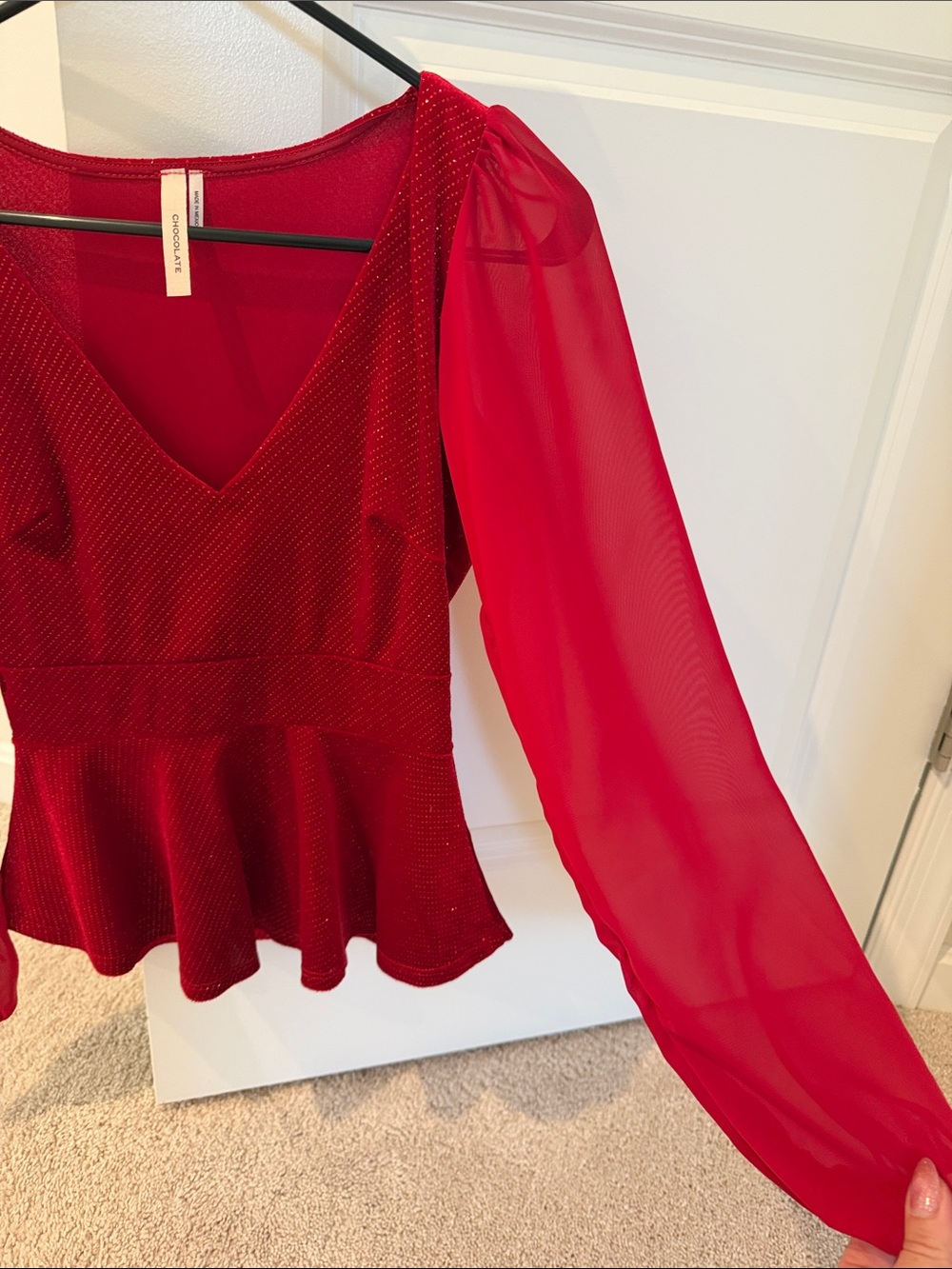 Chocolate Red V-Neck Peplum Blouse with Sheer Sleeves - Picture 3 of 4